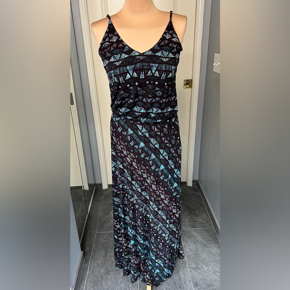 Vtg Veronica M Geometric Print Long Sleeveless Maxi Dress Boho Beach - Picture 1 of 8